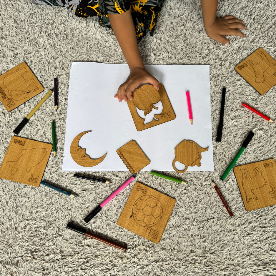 Kids Wooden Drawing Engish Alphabets Stencils with Pictures + Puzzles (52 Pcs)