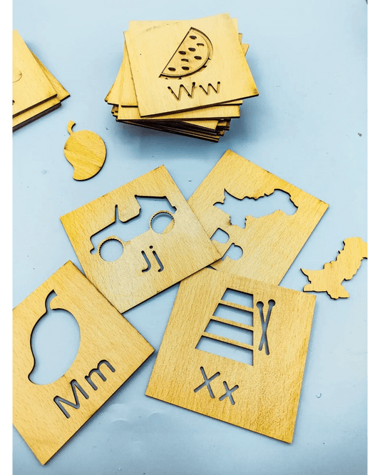 2 in 1 Bundle: Set of 16 Montessori Stencil Set + Alphabet Drawing Stencils and Puzzles 52 Pieces