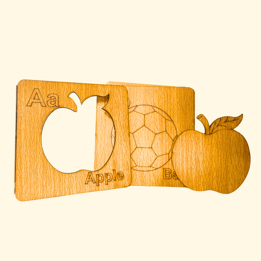 Kids Wooden Drawing Engish Alphabets Stencils with Pictures + Puzzles (52 Pcs)