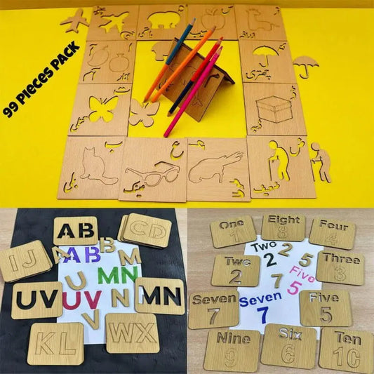 3 in 1 Wooden Kids Drawing Stencils + Puzzle Jumbo Pack ( 138 Wooden Pieces Set ) With Puzzels