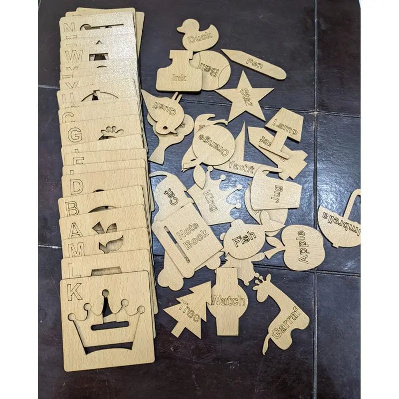 Wooden Alphabet Drawing Stencils and Puzzles Set - A to Z