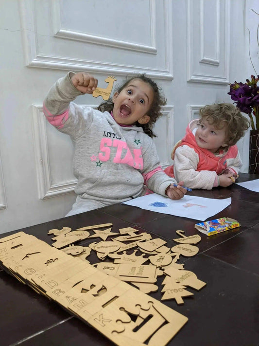 Wooden Alphabet Drawing Stencils and Puzzles Set - A to Z